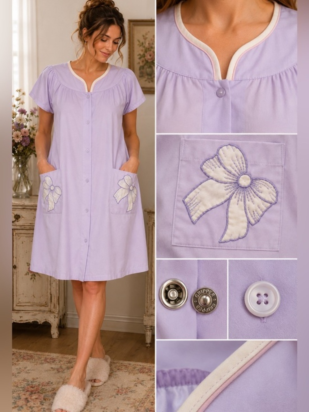 Vintage Lavender Bow Appliqué Housecoat Duster Dress Best Fit XL